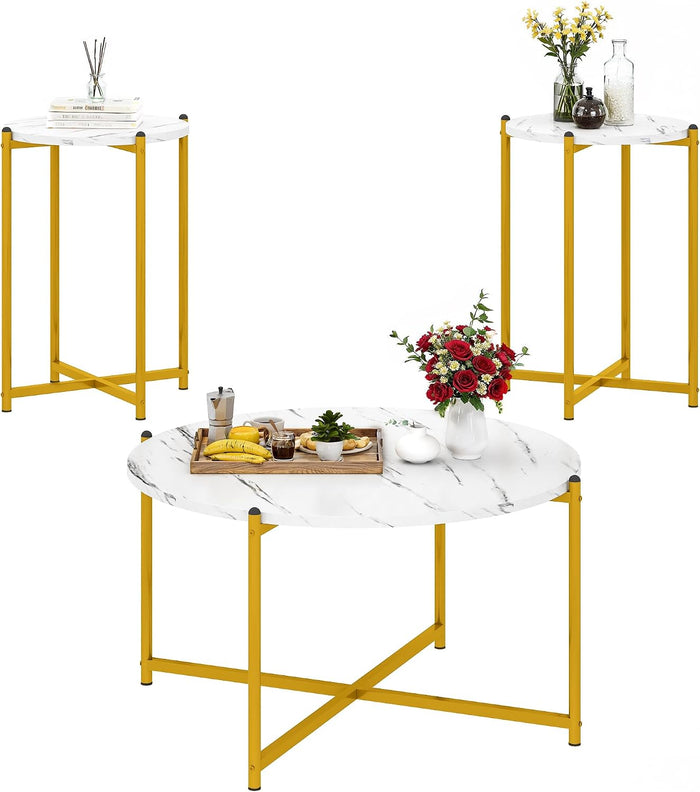 DKLGG Round Coffee Table Set of 3, Modern Faux Marble Coffee Table and 2 End Table Sets, 3-Piece White and Gold Living Room Table Set