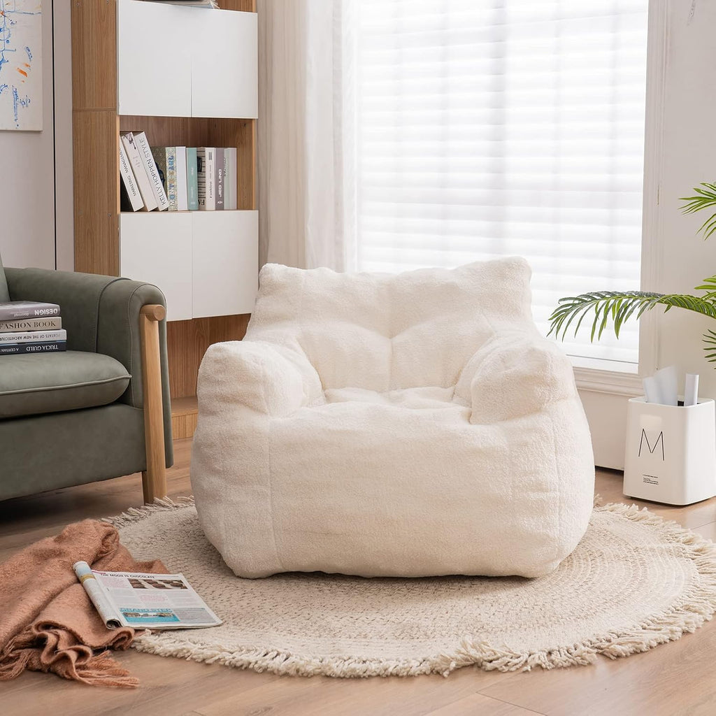 Bean Bag Chairs, Soft Tufted Foam Bean Bag Chair with Teddy Fabric for Adults and Kids, Comfy Lazy Sofa for Living Room, Bedroom (Ivory)