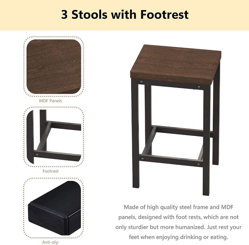 Merax Modern Design 4-Piece Counter Height Extra Long Dining Table Set with 3 Stools and Side Table with Footrest,Space-Saving Pub Kitchen Set,Easy Assembly,Dark Brown