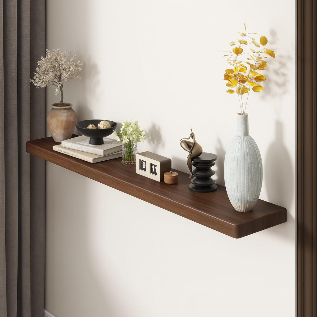 48" Rustic Walnut Wood Floating Shelves, 8 Inch Deep Wall Shelves for Home Decor, Wall Mounted Floating Shelf with Invisible Bracket, Heavy-Duty Storagefor Living Room, Bedroom, Kitchen, Set of 1