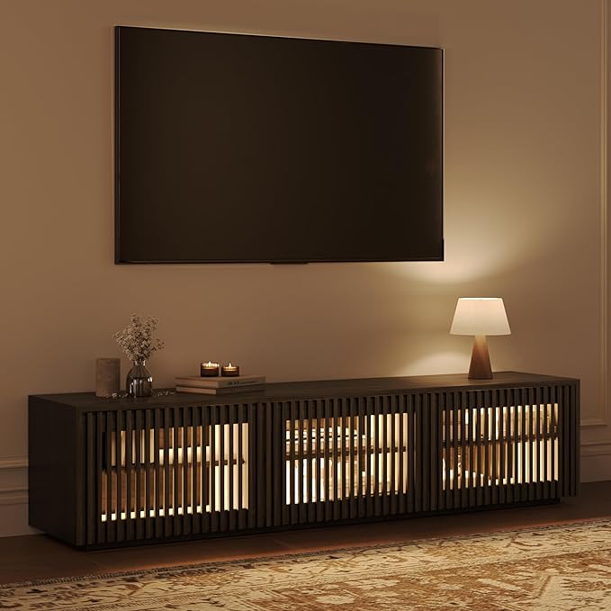 POVISON Mid Century Modern Wood Slatted TV Stand with LED Lights, Media Console for 70+ Inch TV, Entertainment Center with Storage Cabinet for Living Room, Fully-Assembled (Black, 70.87")