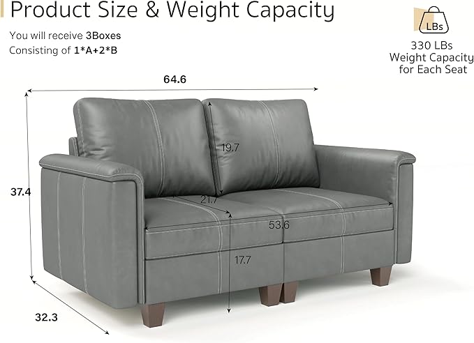 SITJOY 65" Faux Leather Modular Sectional Sofa with Storage, Mid Century Modern Sectional Couches for Living Room, Soft Padded Armrests, Loveseat Sofa, Gray
