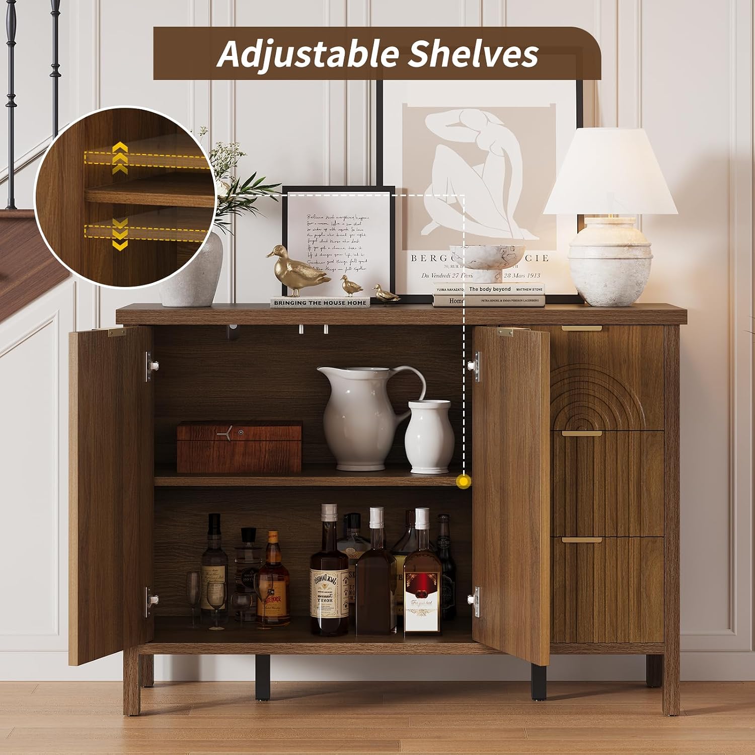 Sideboard Buffet Cabinet with Storage - Fluted Accent Coffee Bar Cabinets Kitchen Credenza with Drawers & Doors, Wood Console Side Board with Adjustable Shelf for Living Room Entryway, Walnut