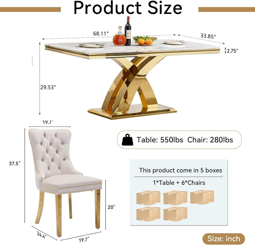 Luxury 7 Piece Dining Set, Modern 68.11" Faux Marble Dining Table with 6...