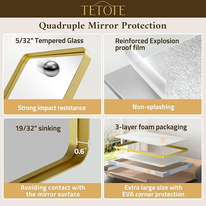 TETOTE Gold Mirror Bathroom 28 x 36 Brushed Gold Metal Framed Vanity Mirror, ...