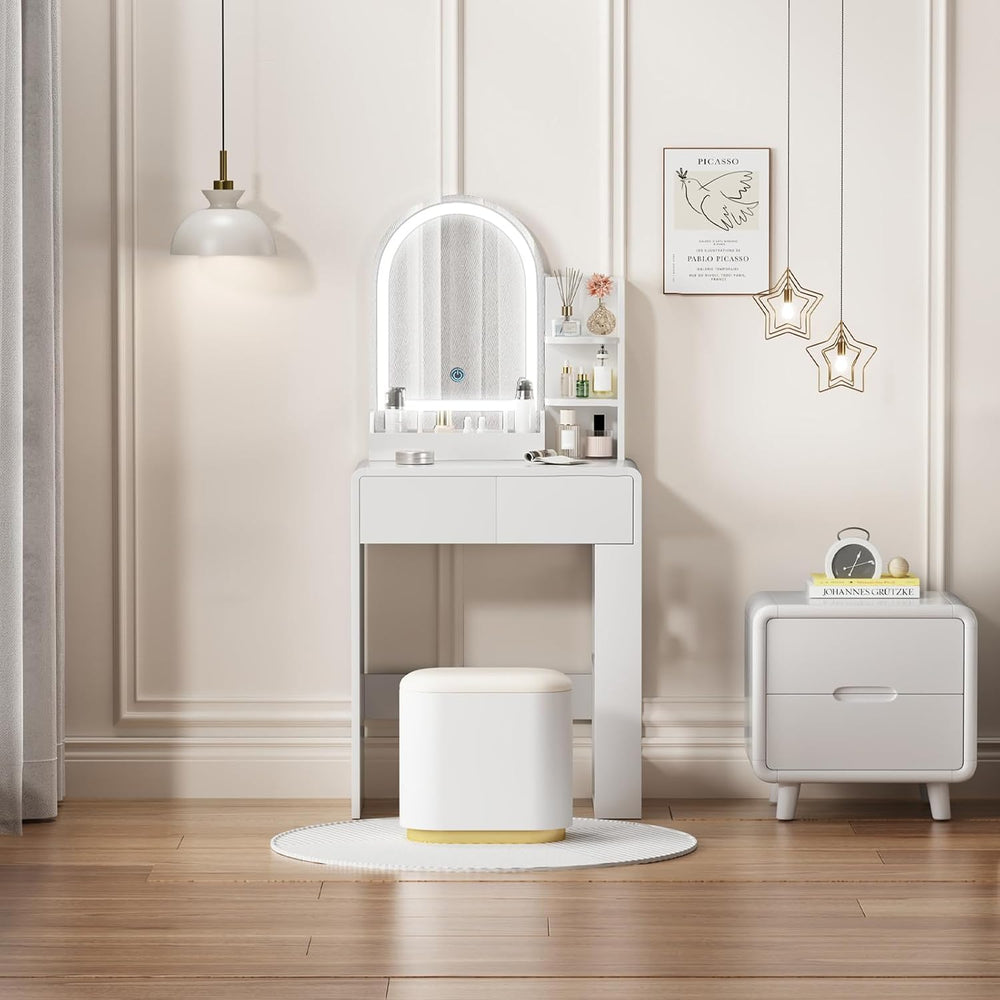 Vanity, Small Vanity Desk with Mirror and Lights, Side Shelf Storage Space, C...