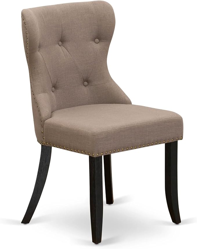 X02SI-2C6-48 - 6-pc Dining Table Set a Rectangular Dining Table with a coffee Table and 2 wooden Benches, 2 coffee Linen Fabric Chairs, 39x120 Inch, Wire Brushed Black
