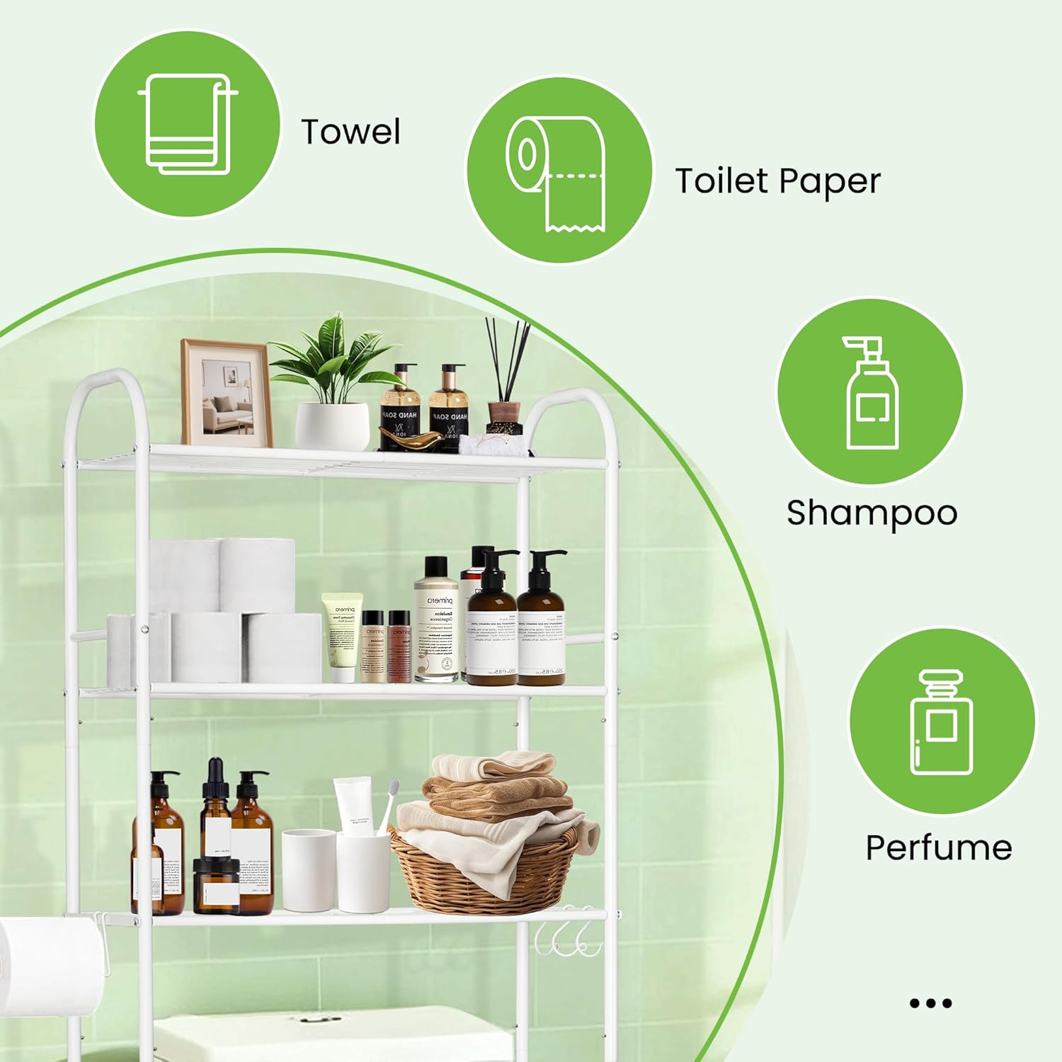 3-Tier Over The Toilet Storage, Metal Over Toilet Bathroom Organizer and Storage for Small Space, Bathroom Shelves Rack with 3 Hooks and Paper Holder, White