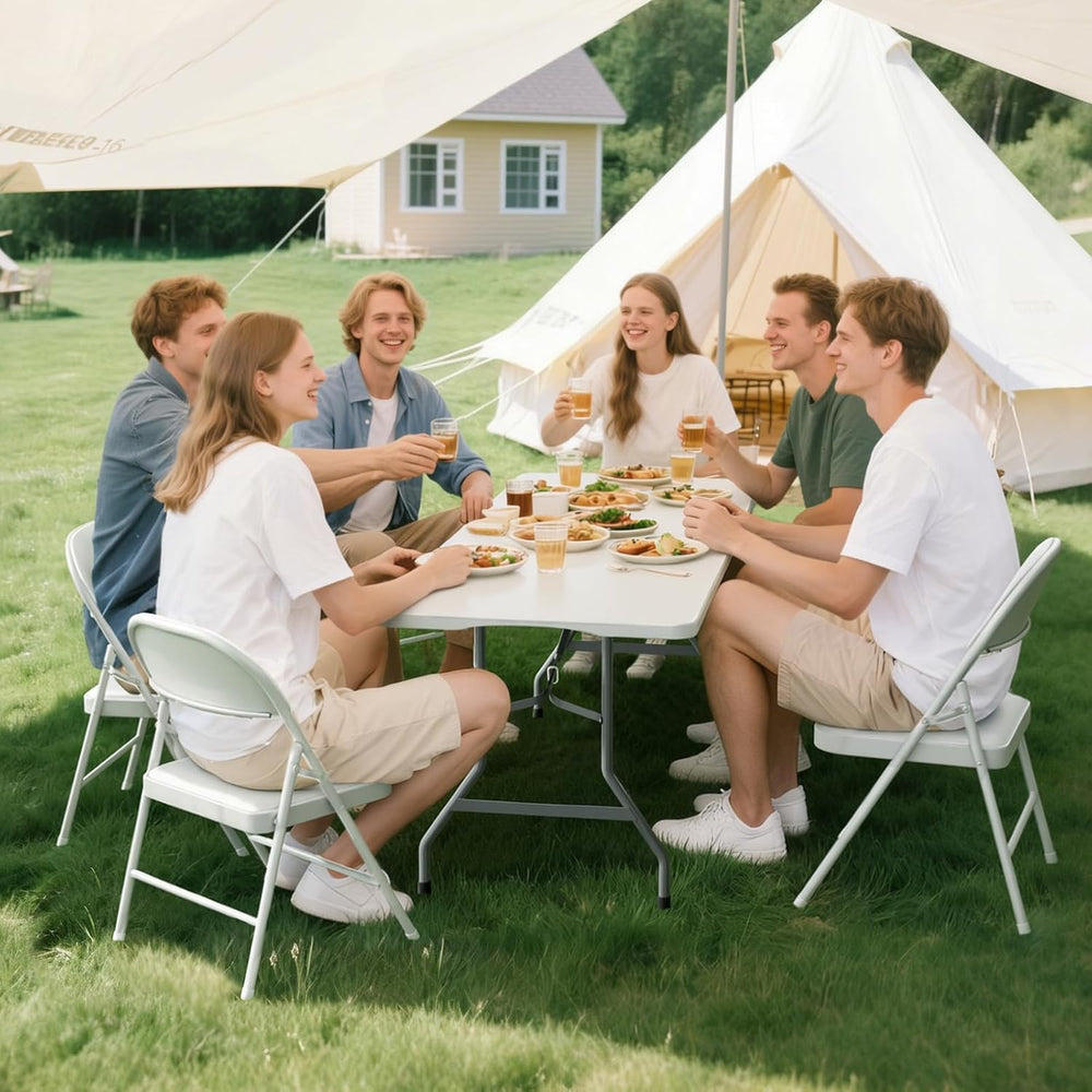 6FT White Plastic Folding Table Set with 6 White PU Padded Chairs | Portable ...