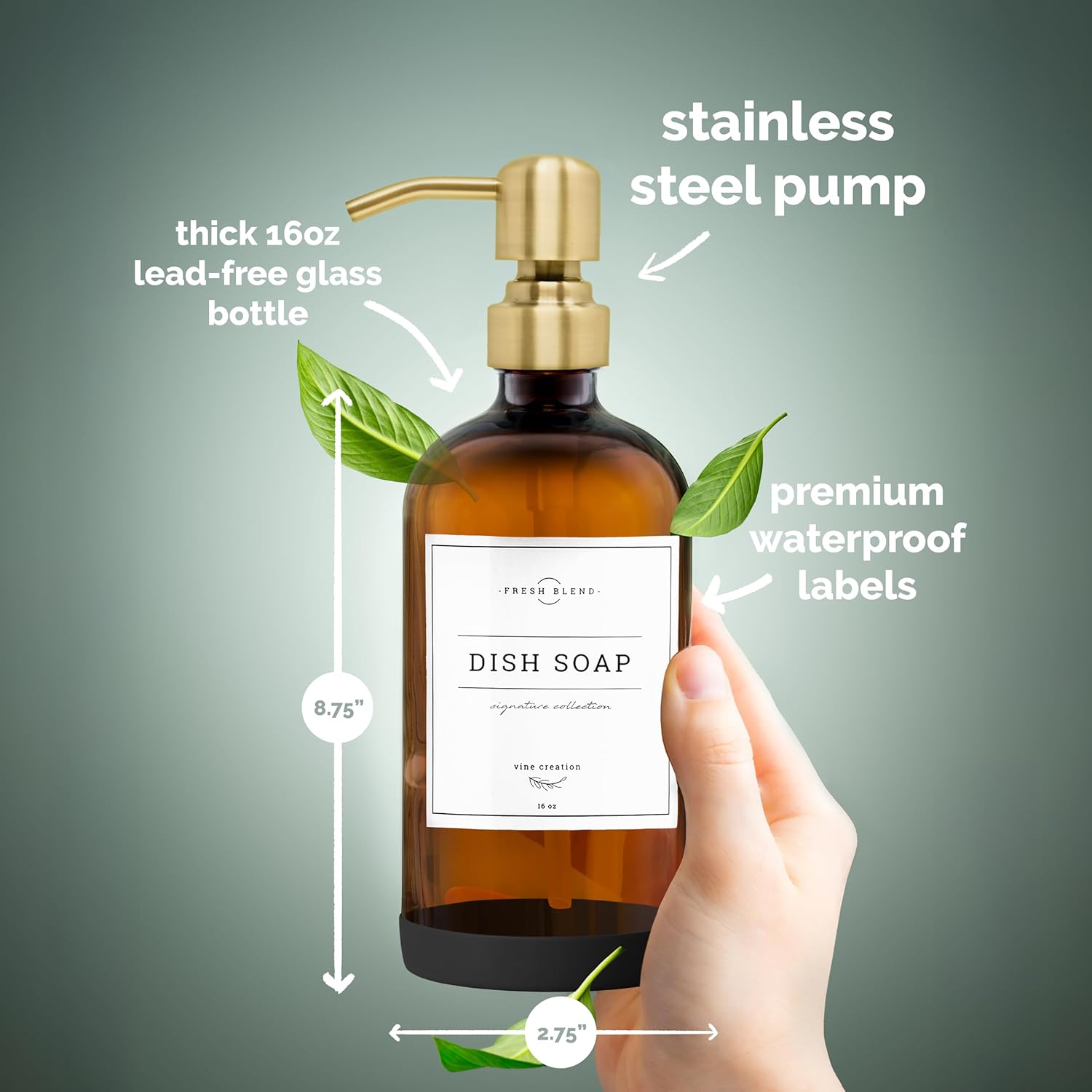 Vine Creations Amber Glass Soap Dispenser, 2 Pack Kitchen Soap Dispenser Set with Stainless Steel Pump, 16 oz Hand Soap and Dish Soap Dispensers for Kitchen or Bathroom with Waterproof Labels