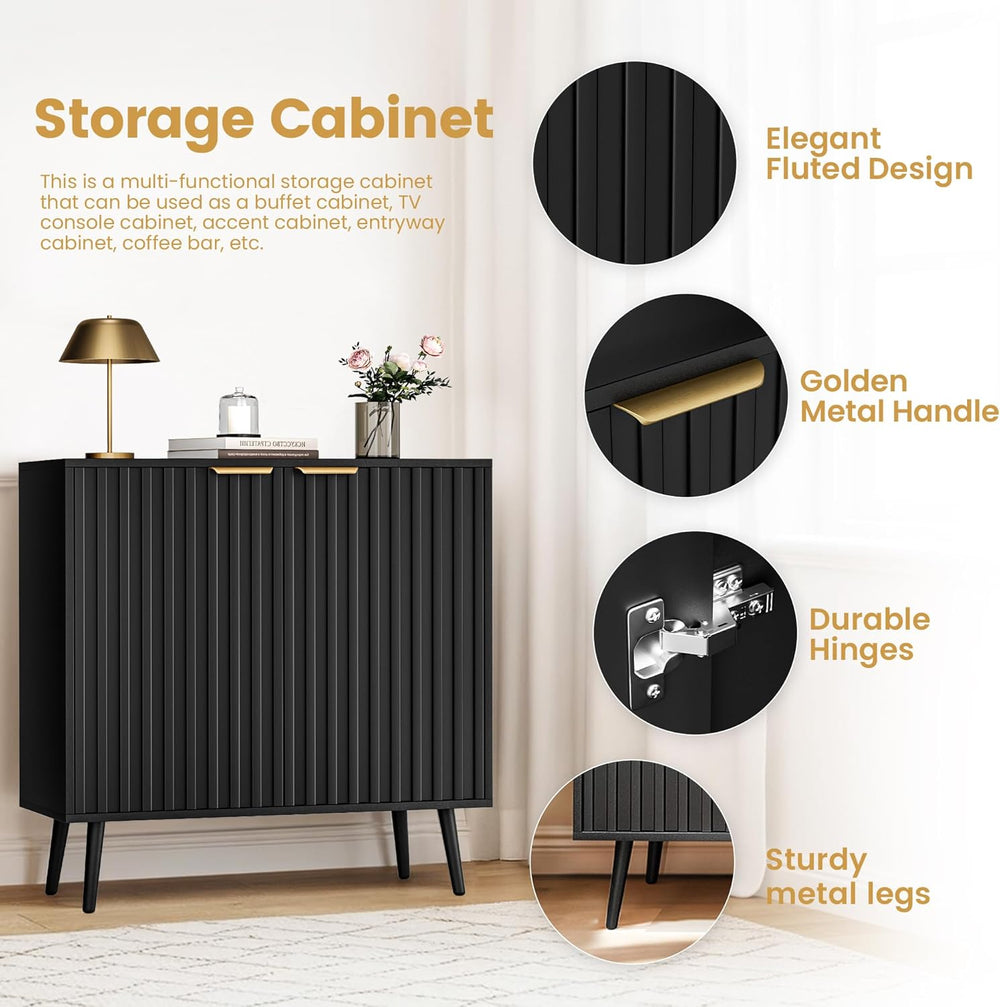Black Fluted Buffet Cabinet, Free Standing Sideboard with Storage, Wood Accen...