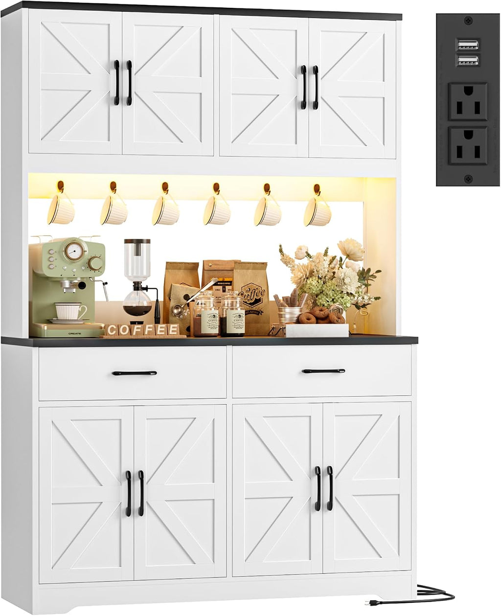 HIFIT 71" LED Pantry Cabinet with Charging Station, Tall Coffee Bar Cabinet | Farmhouse Kitchen Hutch Cabinet with Storage, Large Countertop, 7 Metal Cup Hooks, White+Black