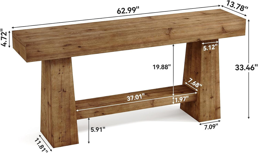 Solid Wood Console Table, 63-Inch Entryway Table with Storage, Long Wooden Sofa Table Behind Couch for Entryway, Hallway, Foyer, Living Room, Natural Wood