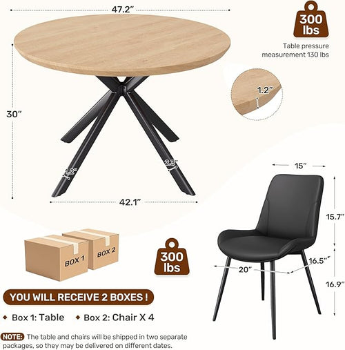 47.2" 5-Piece Round Dining Table Set for 4, Modern Wood Dining Table with 4 Upholstered Chairs, Kitchen & Dining Room Table Set with Metal Base for Apartment, Small Space, Natural Table+4 Balck Chairs