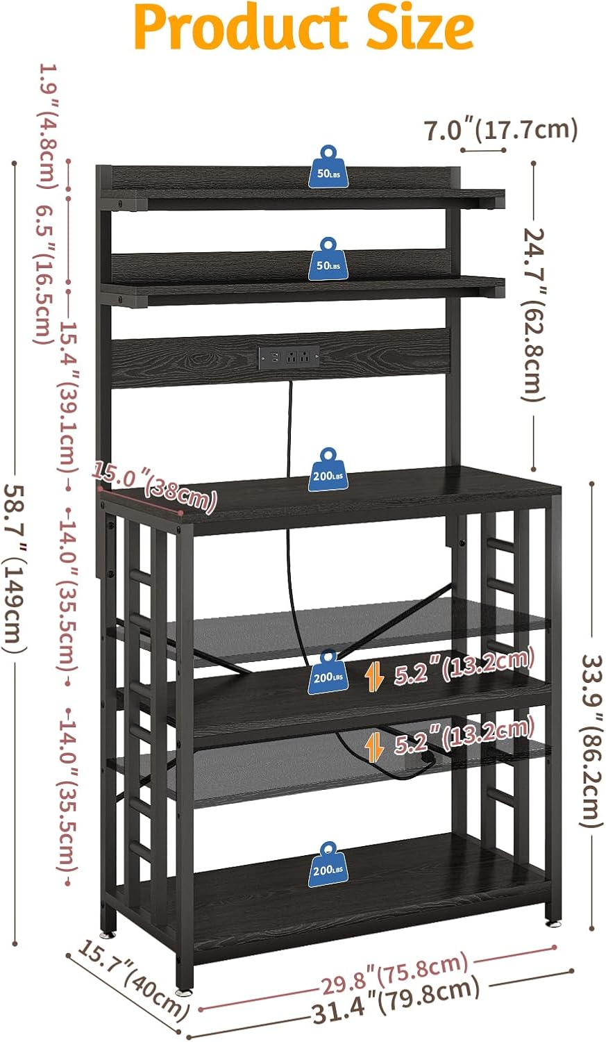 Baker's Rack with Power Outlet, 5-Tier Microwave Stand with Storage, Black | LED Lights,Kitchen Coffee Bar Storage,Microwave Stand with Storage,Spice Organizer for Kitchen, Dining Room and Office