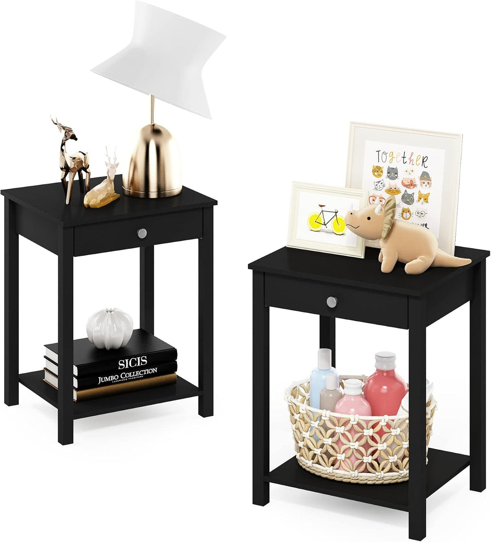 Furinno Classic Side Table Set of 2, 2-Tier Modern End Table with Small Drawe...