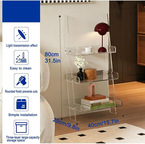 3 Tier Acrylic Ladder Corner Shelf, Freestanding Storage Display Rack with Anti Fall Raised Edge, Space Saving Side Table Organizer for Living Room Office Home Decor(Brown)