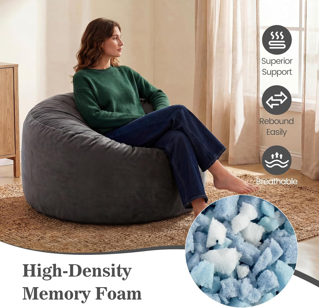 ACH Bean Bag Chair for Adults and Teens - 3ft Memory Foam Floor Chair, Perfect for Dorms, Gaming & Relaxing, Machine Washable Velvet Cover (Grey-Medium)