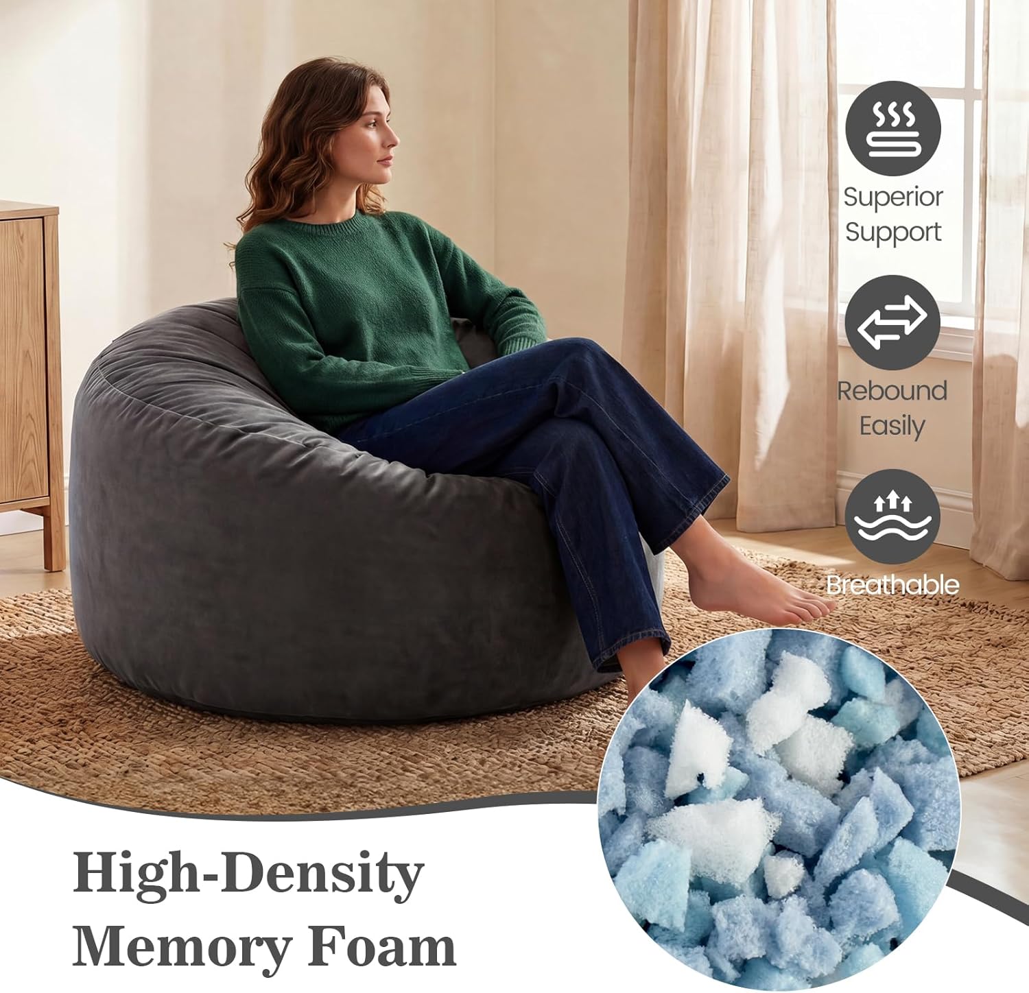 ACH Bean Bag Chair for Adults and Teens - 3ft Memory Foam Floor Chair, Perfect for Dorms, Gaming & Relaxing, Machine Washable Velvet Cover (Grey-Medium)