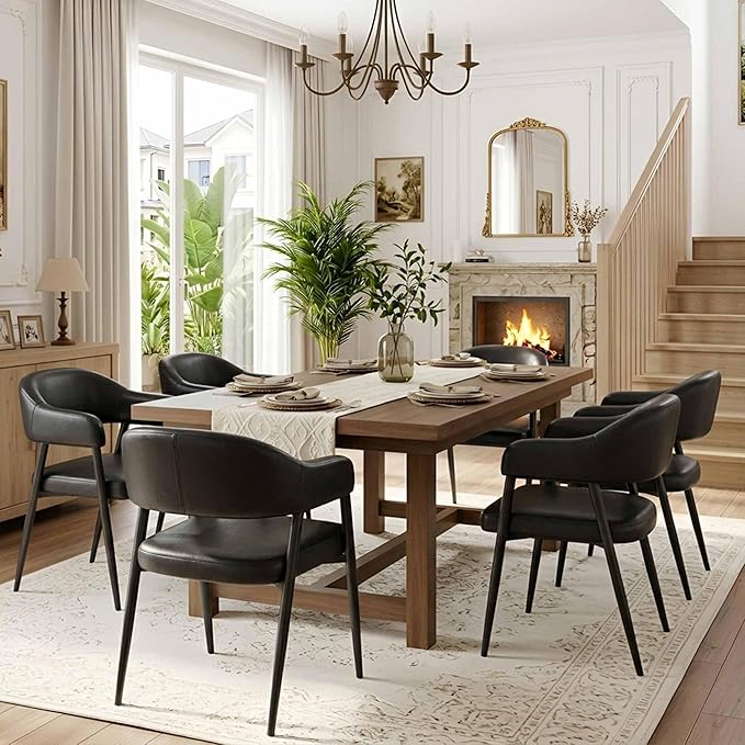 HNY Modern Dining Room Arm Chairs Set of 6, Retro Faux Leather Upholstered Barrel Dining Chairs with Arms Mid-Century Black Accent Chair with Metal Legs, Open-Back Kitchen Side Chair for Living Room