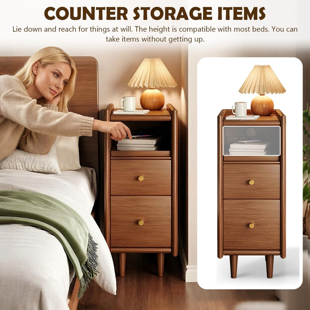 YUNMUARY-Walnut Nightstand,Narrow Side Table with 2 Drawer,Fluted Bedside Tab...