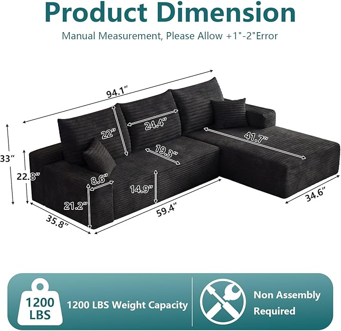 95" Modular Sectional Couch, L Shaped Cloud Sofa with Chaise Lounge, Cor...