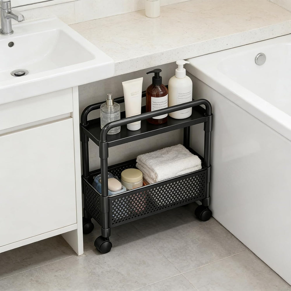 2-Tier Rolling Storage Cart with Wheels, Slim Plastic Organizer Rack for Kitc...
