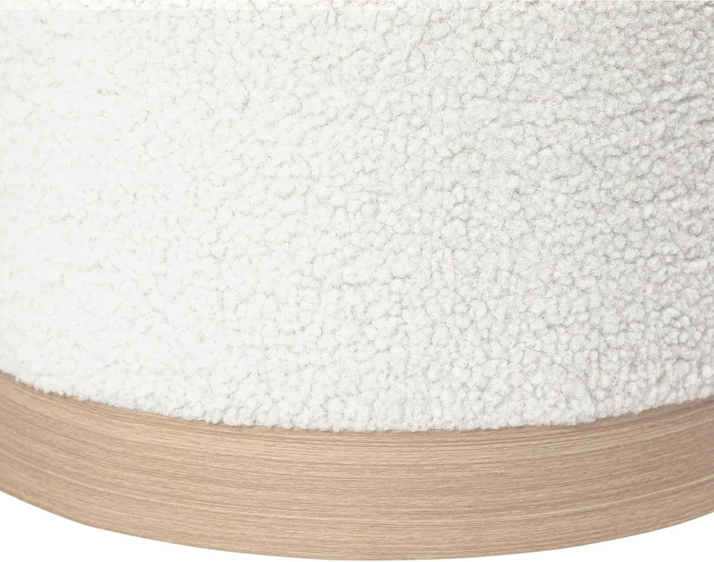 Round Storage Ottoman for Living Room, Small Velvet Vanity Stool with Light-Wood Base, White