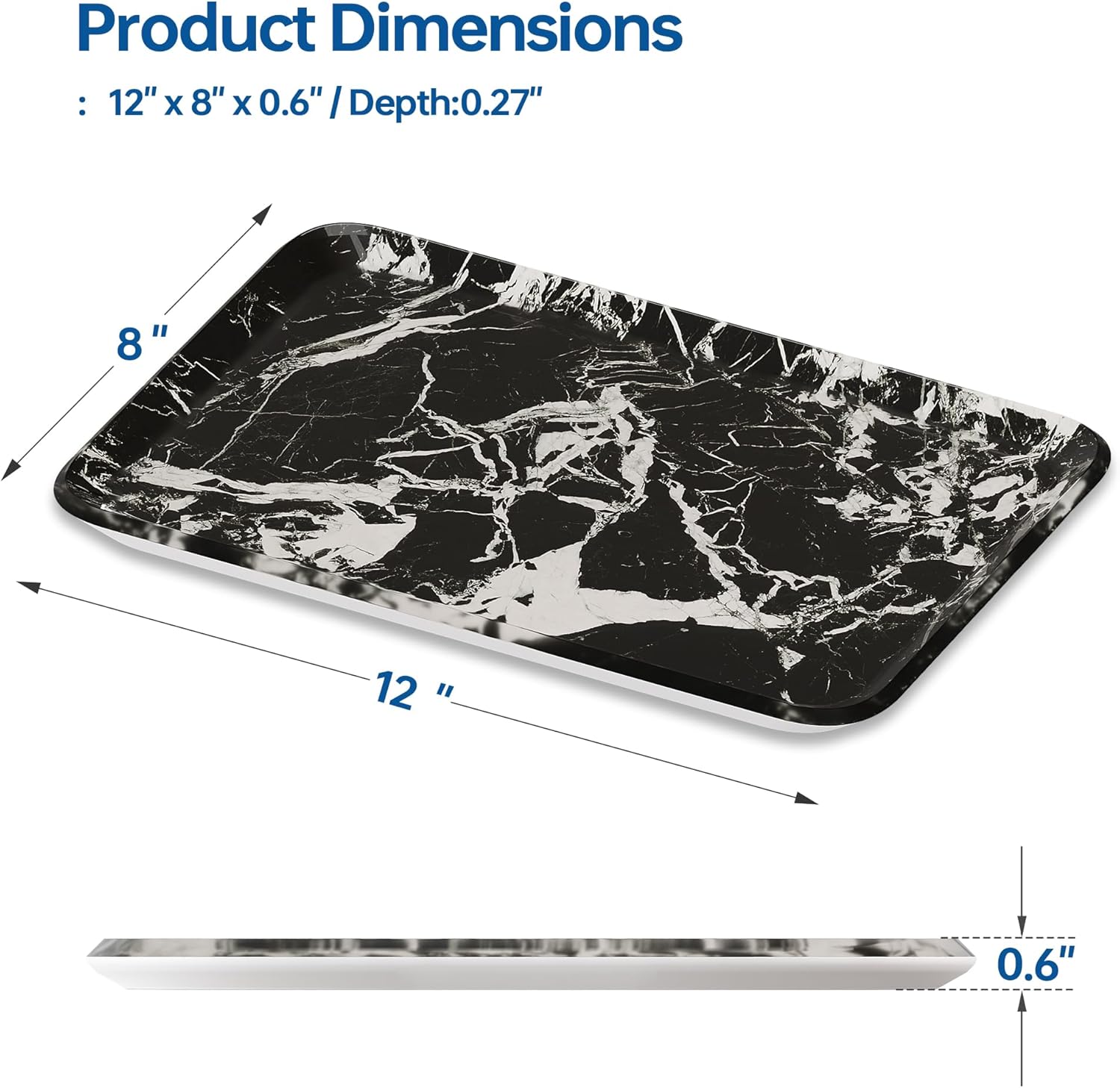 Vanity Decorative Tray, 12" x 8" Black Marble Pattern Perfume Tray, Bathroom & Countertop Organizer for Soap, Jewelry, Candle