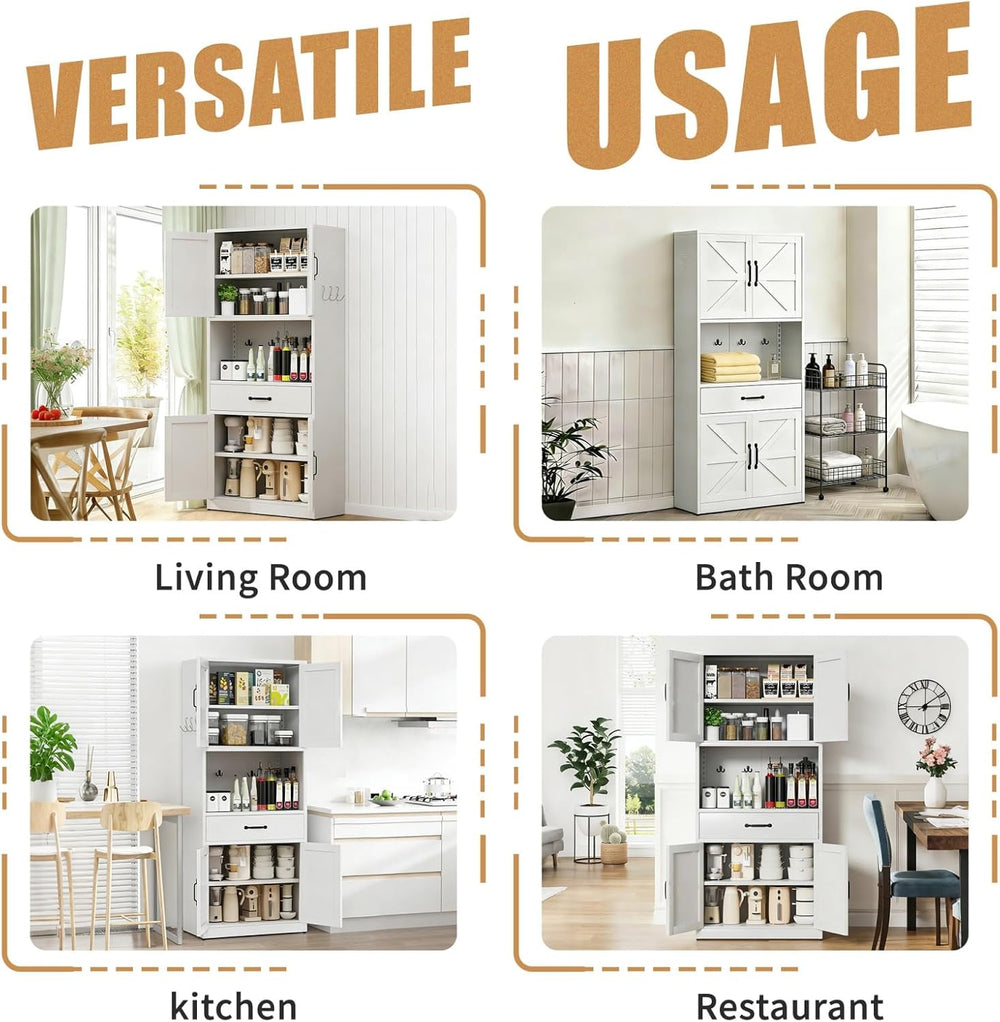 White Steel Kitchen Pantry Storage Cabinet with Large Countertop, Adjustable ...