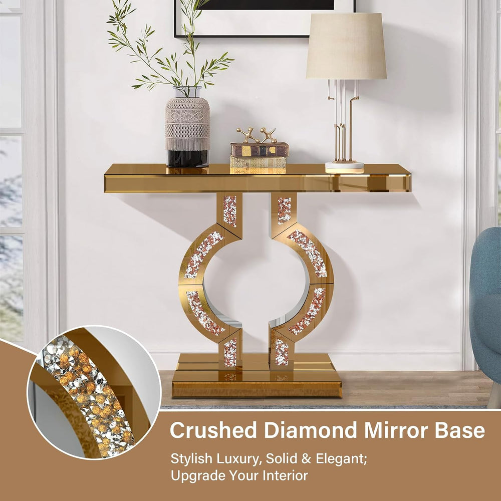 Tea-Colored Mirrored Console Table with Crushed Diamond Inlay, 39.4''...