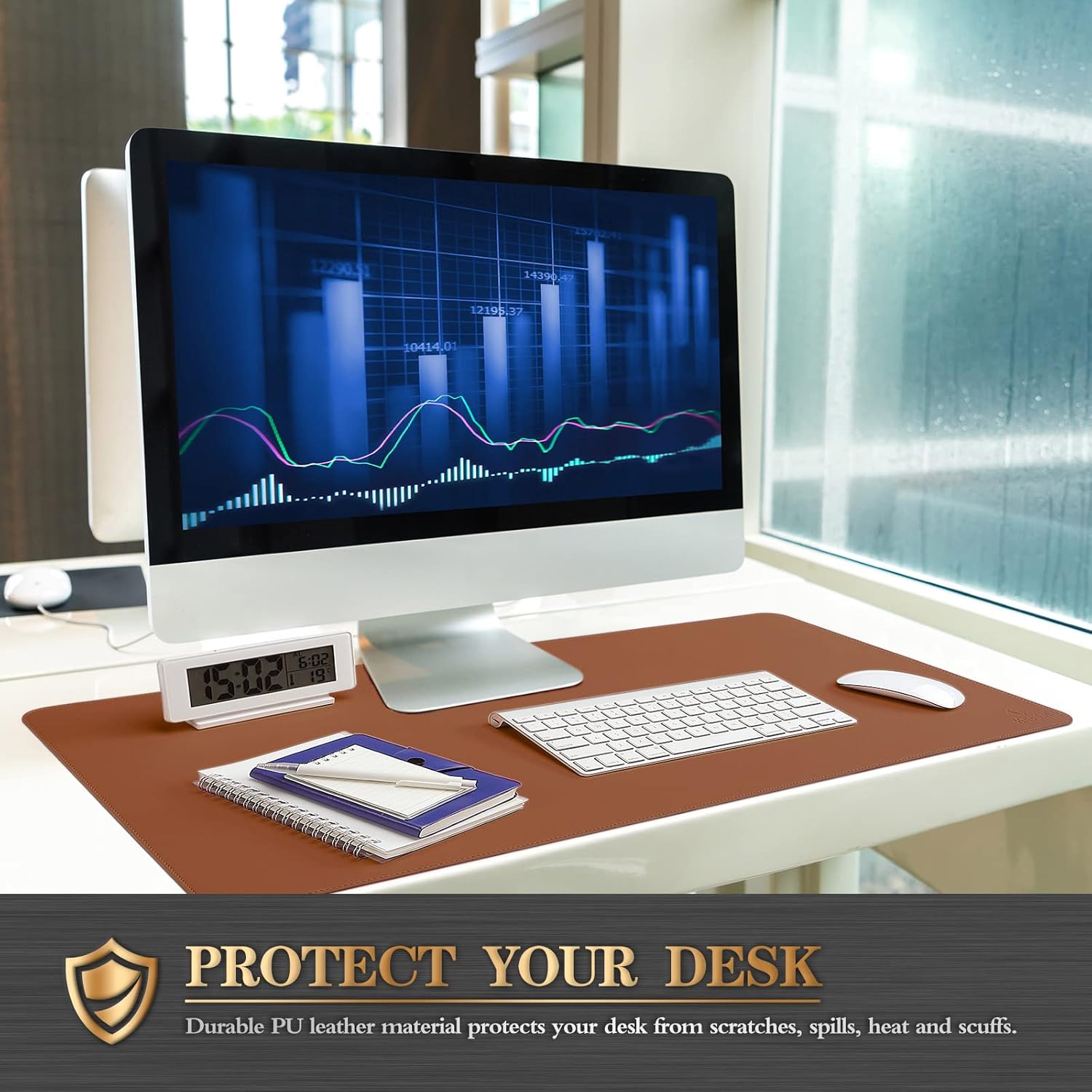 K KNODEL Desk Mat, Blotter, Dual-Sided Office Desk Pad, Waterproof Desk Mat for Desktop, Desk Blotters, PVC Leather Pad Protector (Brown, 23.6" x 13.8")