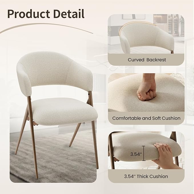 Dining Room Chairs Set of 4, Upholstered Dining Room Chairs, Mid Century Fabric Kitchen Chairs with Curved Backrest and Metal Legs, Beige