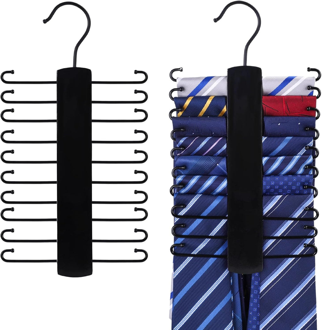 JOHOUSE Wooden Tie Rack, Tie Hanger Organizer for Men Closet 20 Hooks 360 Degree Rotating Hanging Space Saving Holder for Belt Scarf, Black