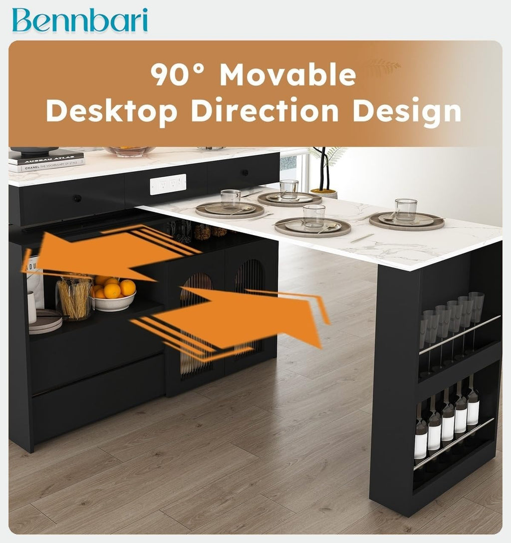 Retro Kitchen Island with Extendable Rotating Tabletop, Power Outlets, Glass Door Cabinets, 4 Drawers, Ships in 2 Boxes (Black & Marble Veneer)