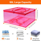 Vieshful 90L Clear Clothes Storage Bag with Zipper 3 Pack Colorful Clothes Organizer Vinyl Storage Bag for Comforter, Blanket, Bedding, Duvet, Transparent Moving Totes, Pink