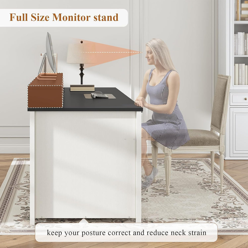 SEDETA 63" Farmhouse Executive Desk with Drawers and Storage, White + Black