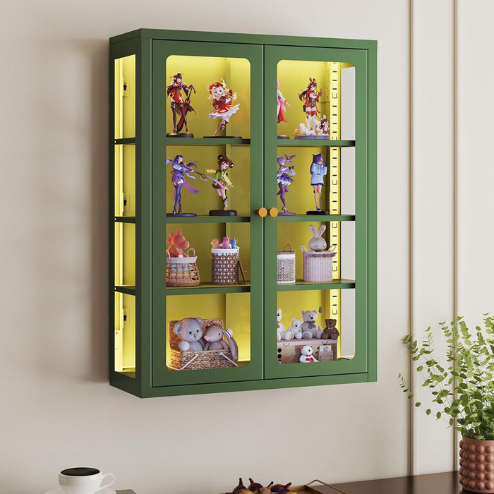 Waterproof Bathroom Metal Wall Cabinet with Light, Glass Doors & Adjustable Shelves – Green Over-Toilet Medicine Storage, Small Display Case for Collectibles