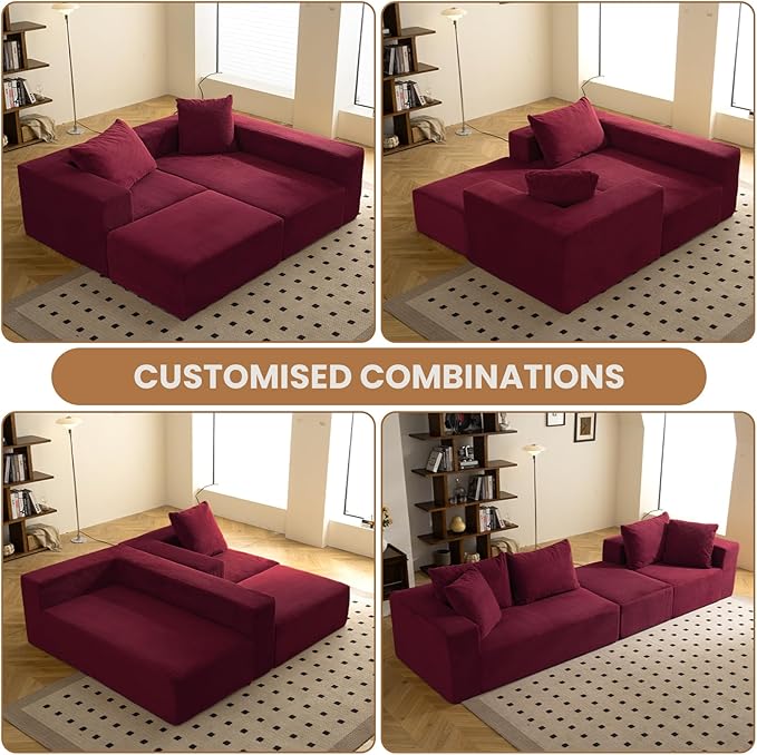 108" L-Shaped Boneless Couch, Modular Sectional Sofa with Moveable Ottoman, Corduroy Cloud Couches for Living Room, No Assembly, Ship in a Box, Red