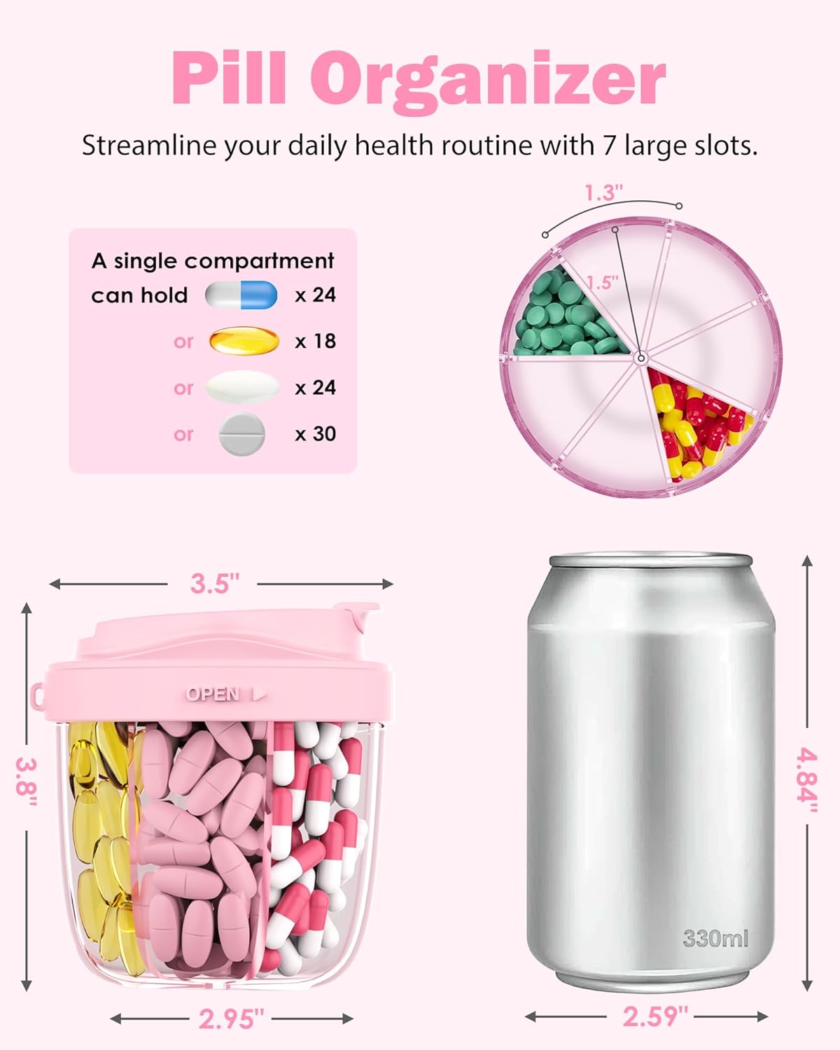 Cute Pill Organizer,Pill Dispenser with 7 Large Compartments,Portable Pill Bottle Box with Wide Opening for Easy Use, Anti-Mix Pills Organizer for Travel,Includes 20 Pcs Sticky Labels（Pink）