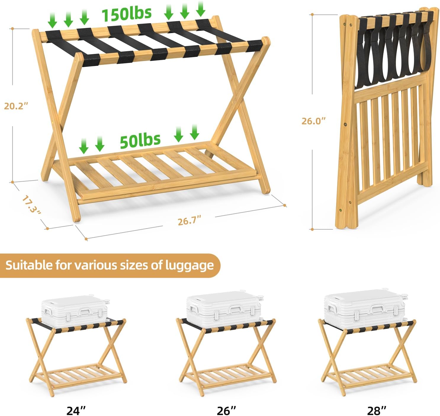 BAMBOOHOMIE Bamboo Luggage Rack for Guest Room, Wide Suitcase Stand with Storage Shelf, Folding Luggage Stand Holder for Bedroom Hotel, 26.77" Thickened Luggage Rack for Suitcases, Natural