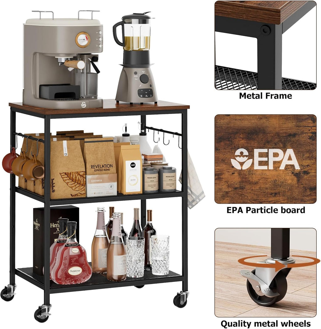 Homleke 3-Tier Rolling Kitchen Microwave Cart, Kitchen Utility Cart on Lockable Wheels, Coffee Bar Table Station with 6 S-Shaped Hooks, Small Appliance Storage Shelf, Rustic Brown and Black