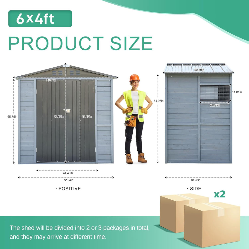4x6 FT Outdoor Storage Shed with Windows, Wood & Metal Garden Shed, Small Outside Storage Shed Waterproof for Backyard, Garden, Patio, 4 Vents (Without Floor) Gray