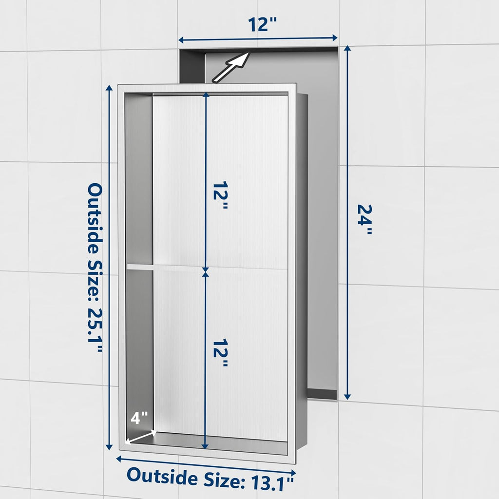 Stainless Steel Shower Niche 24" X 12", No Tile Needed Wall Niche Double Shelves, Recessed Niche Shower for Bathroom Storage, Brushed Nickel