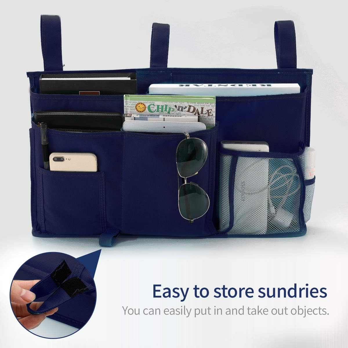 Bseash Bunk Bed Organizer, Bedside Caddy Hanging Bed Organizer Storage Bag 8 Pockets, for College Dorm Rooms Bed, Hospital Bed, Baby Bed Rails, 600D Oxford Cloth (Navy Blue)