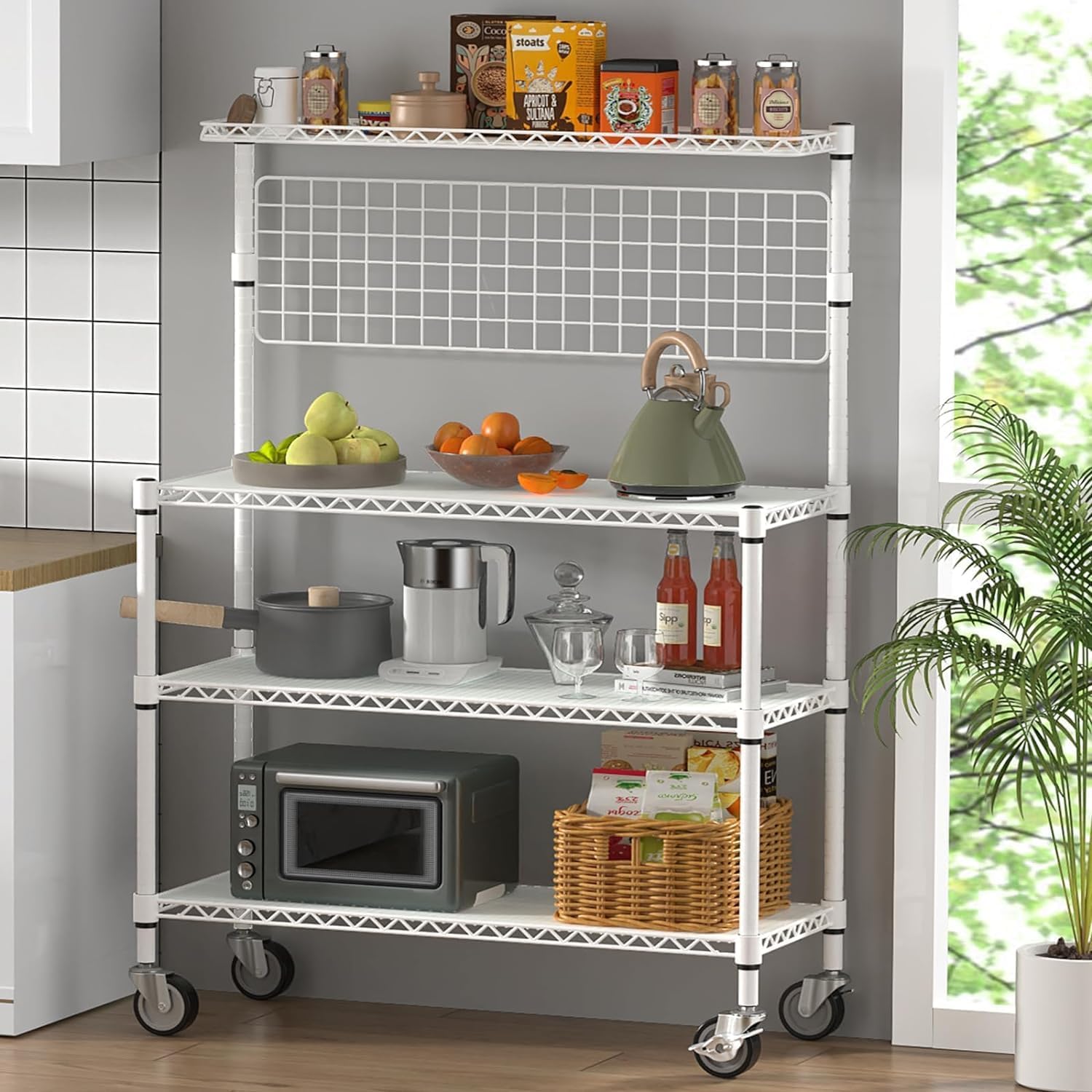 Leteuke Bakers Rack with Storage & Wheels, 42 Inch Microwave Stand Kitchen Shelves, 4-Tier Heavy Duty Microwave Cart Storage Rack with 20 S-Hooks, Metal Utility Kitchen Cart, 42× 18× 63 Inch, White