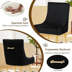 Velvet Dining Chairs Set of 6, Modern Upholstered Kitchen Chair with Pull Handle & Pleated Back, Mid Century Accent Chair with Gold Metal Legs for Vanity,Dining,Kitchen,Living Room, Black