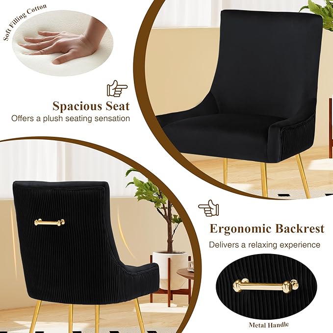 Velvet Dining Chairs Set of 2, Modern Upholstered Kitchen Chair with Pull Handle & Pleated Back, Mid Century Accent Chair with Gold Metal Legs for Vanity,Dining,Kitchen,Living Room, Black
