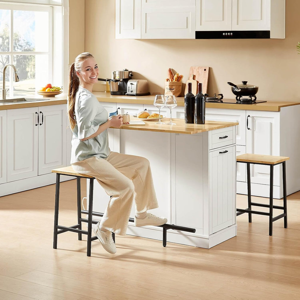 ONBRILL Stationary Kitchen Islands Include 2 Chairs, 47" Kitchen Island with Drop Leaf, Home Bar Table with Spice Rack & with Trash Cabinet, Island Table for Dining Room with Power Outlet, White
