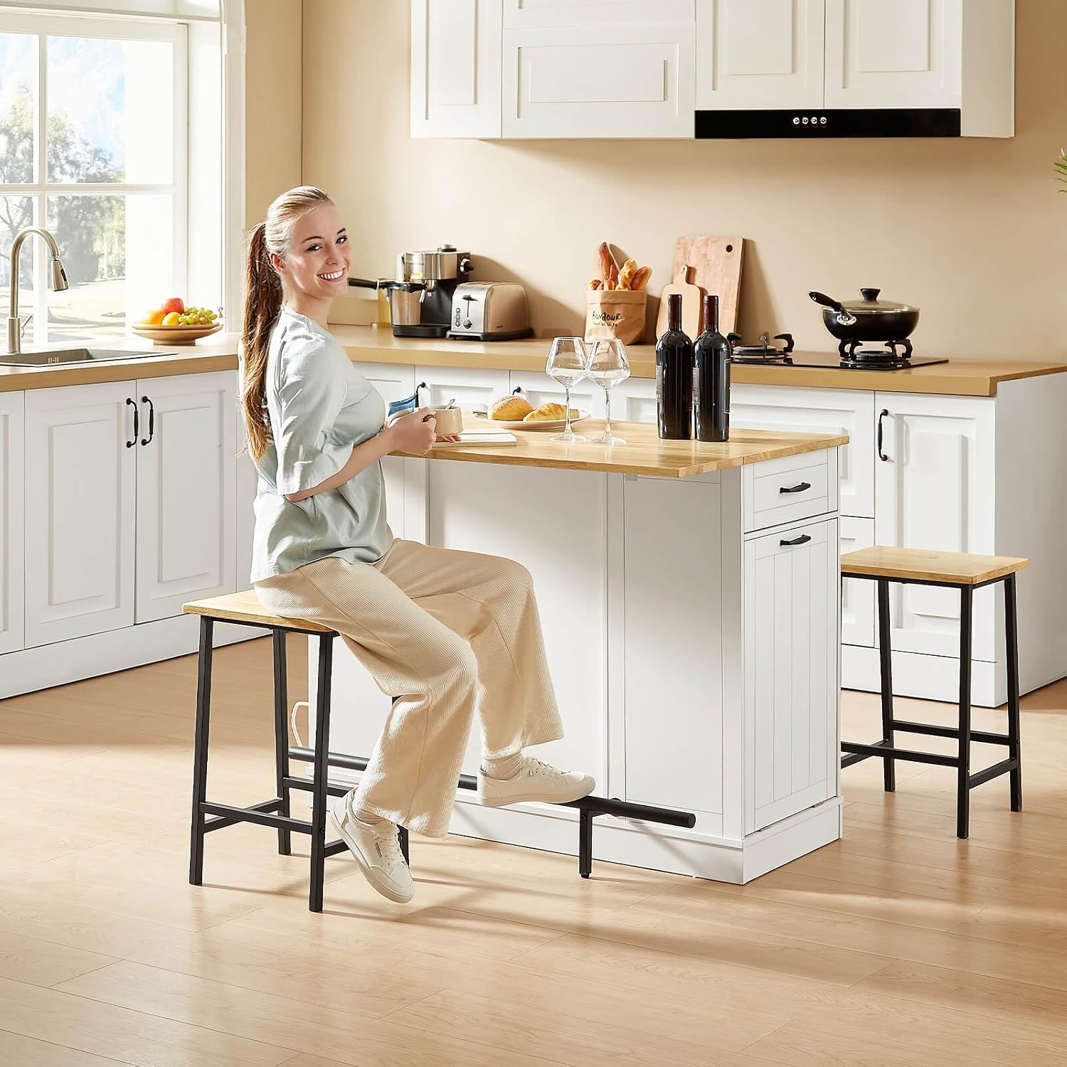 ONBRILL Stationary Kitchen Islands Include 2 Chairs, 47" Kitchen Island with Drop Leaf, Home Bar Table with Spice Rack & with Trash Cabinet, Island Table for Dining Room with Power Outlet, White